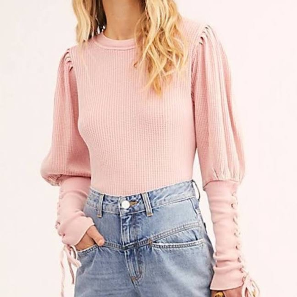 Free People Pink Puff Sleeve Lace-Up Cuff Sweater